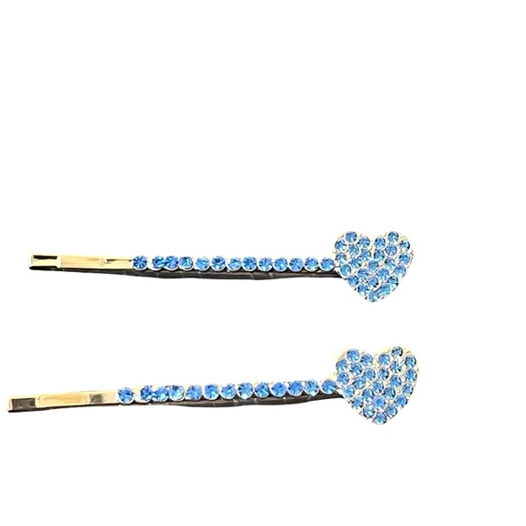 Accessories - Blue Crystal Rhinestone Heart Gold Hair Clips approx 2.5”